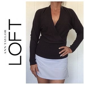 ANN TAYLOR LOFT BROWN FAUX WRAP CASHMERE SWEATER SIZE SMALL